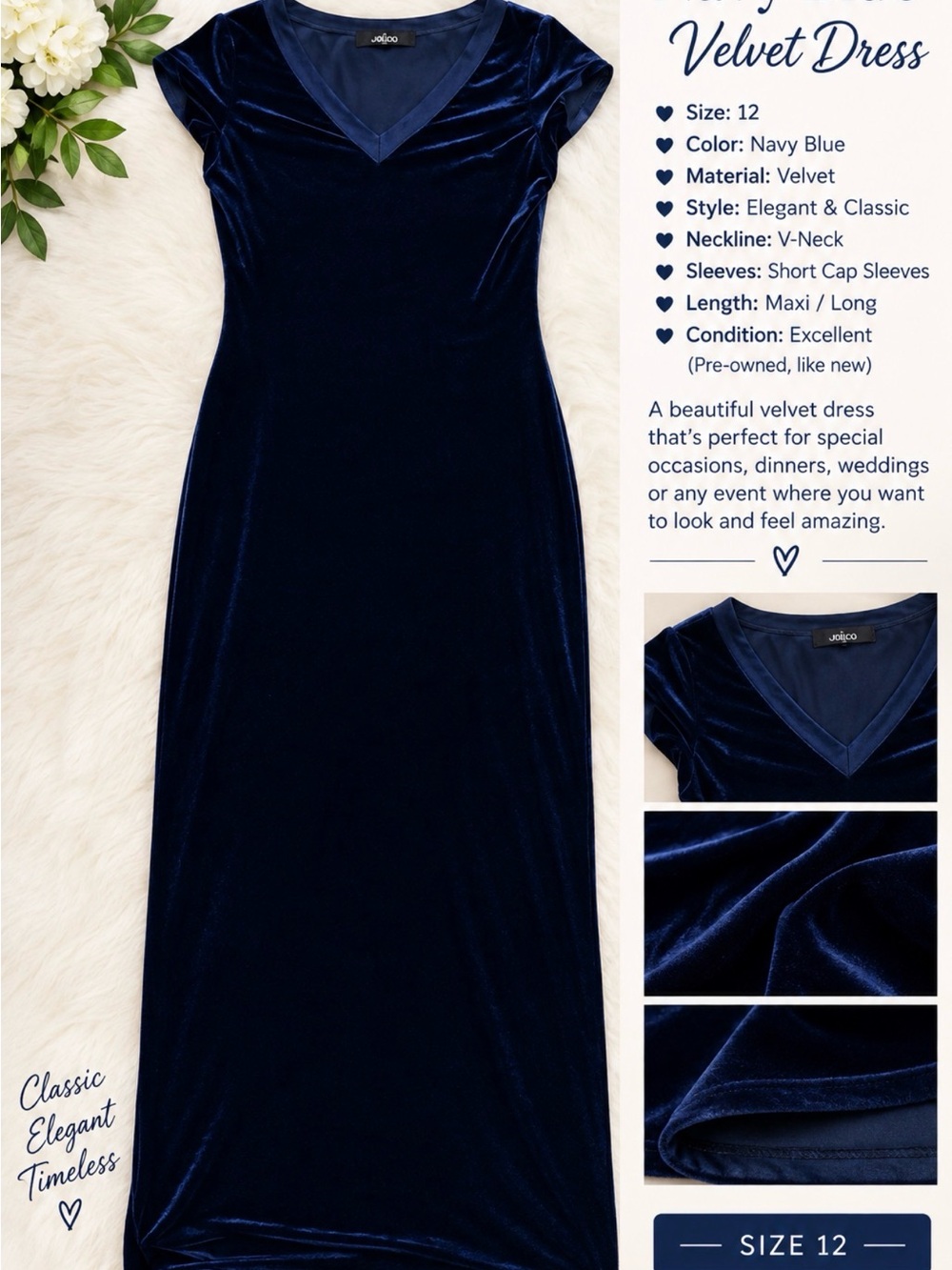 Joico Navy Blue Velvet V-Neck Maxi Dress
